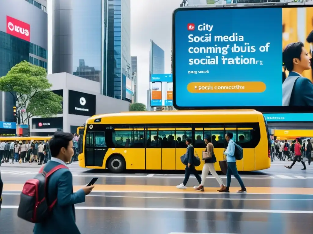 Una bulliciosa calle de la ciudad con gente esperando en una parada de autobús, con un gran cartel digital mostrando íconos de redes sociales