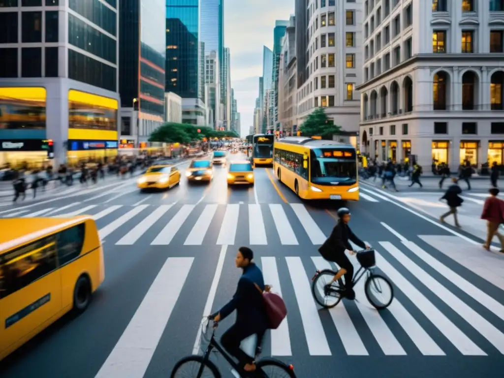 Una bulliciosa calle de la ciudad durante la hora pico, capturando la compleja psicología detrás de la elección de medios de transporte urbanos