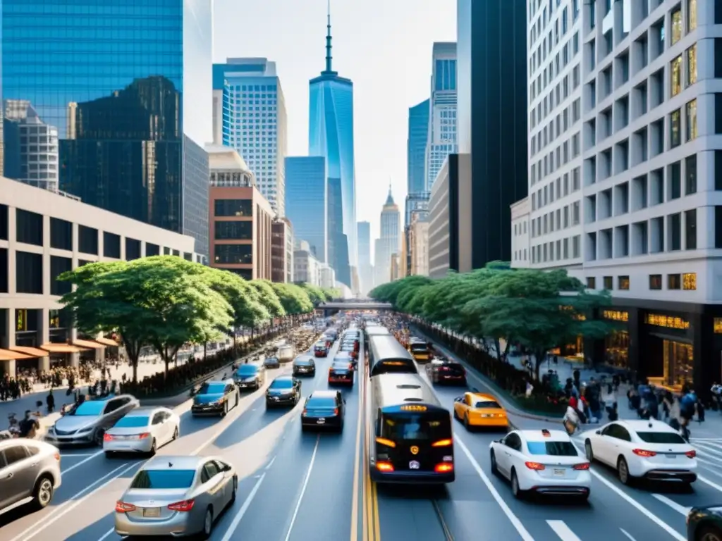 Caos urbano: Movimiento y energía en la ciudad Una bulliciosa calle de la ciudad durante la hora pico, con tráfico y peatones, mostrando el desarrollo de medios de transporte urbanos