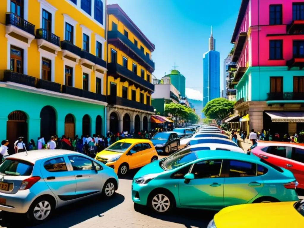 Una bulliciosa calle de una ciudad latinoamericana, con edificios antiguos y modernos