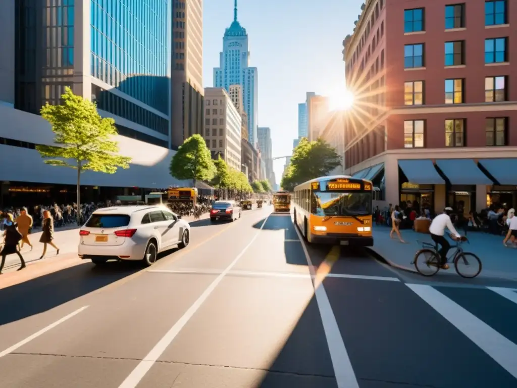 Una bulliciosa calle de la ciudad llena de transporte variado, con un ambiente cálido y urbano