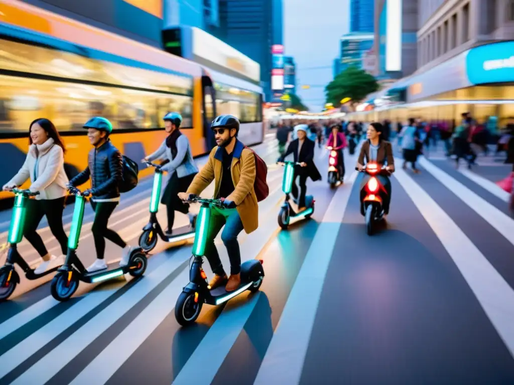 Una bulliciosa calle de la ciudad llena de diversos medios de transporte urbano, con personas utilizando Apps de movilidad urbana innovadoras