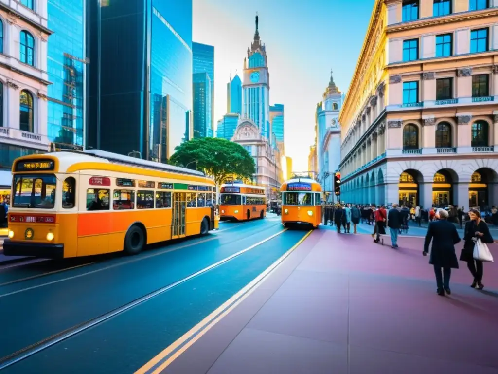 Una bulliciosa calle de la ciudad llena de autobuses, tranvías y trolebuses vintage, rodeada de edificios históricos y rascacielos modernos