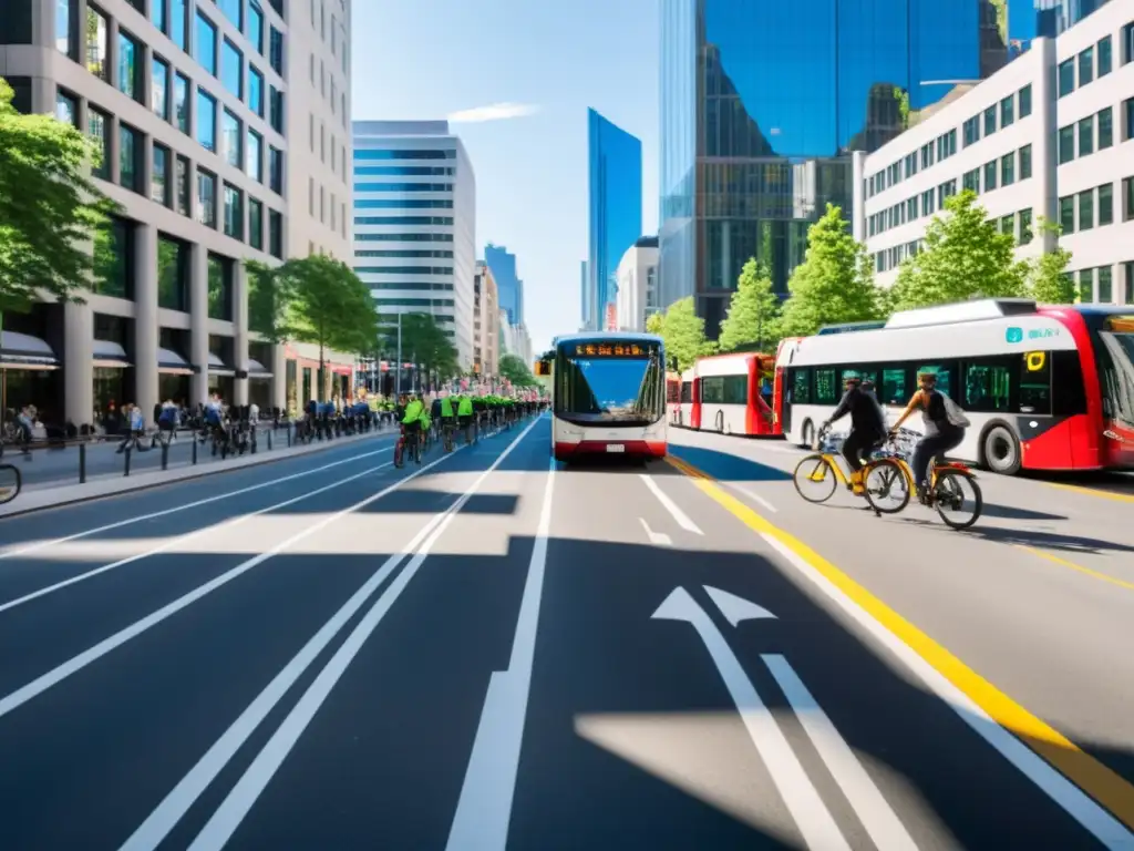 Una bulliciosa calle de la ciudad llena de autobuses híbridos y eléctricos, bicicletas y peatones