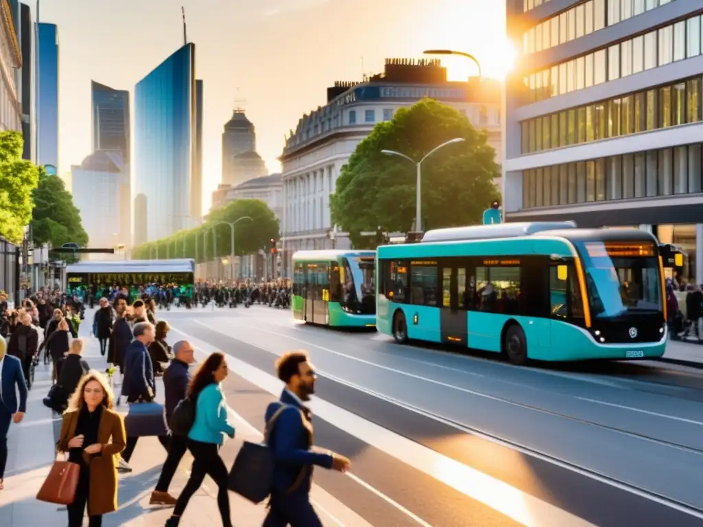 Una bulliciosa calle de la ciudad llena de peatones y ciclistas, con modernos autobuses y tranvías eléctricos deslizándose