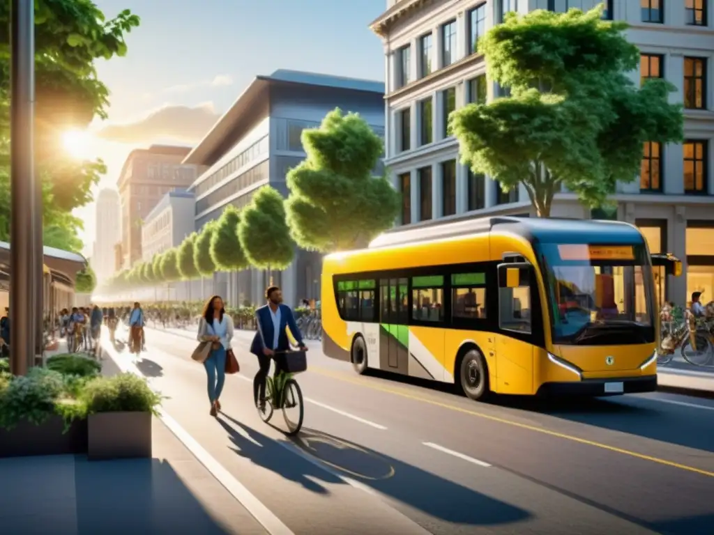 Una bulliciosa calle de la ciudad llena de autobuses eléctricos y bicicletas, con personas paseando por amplias aceras bordeadas de vegetación