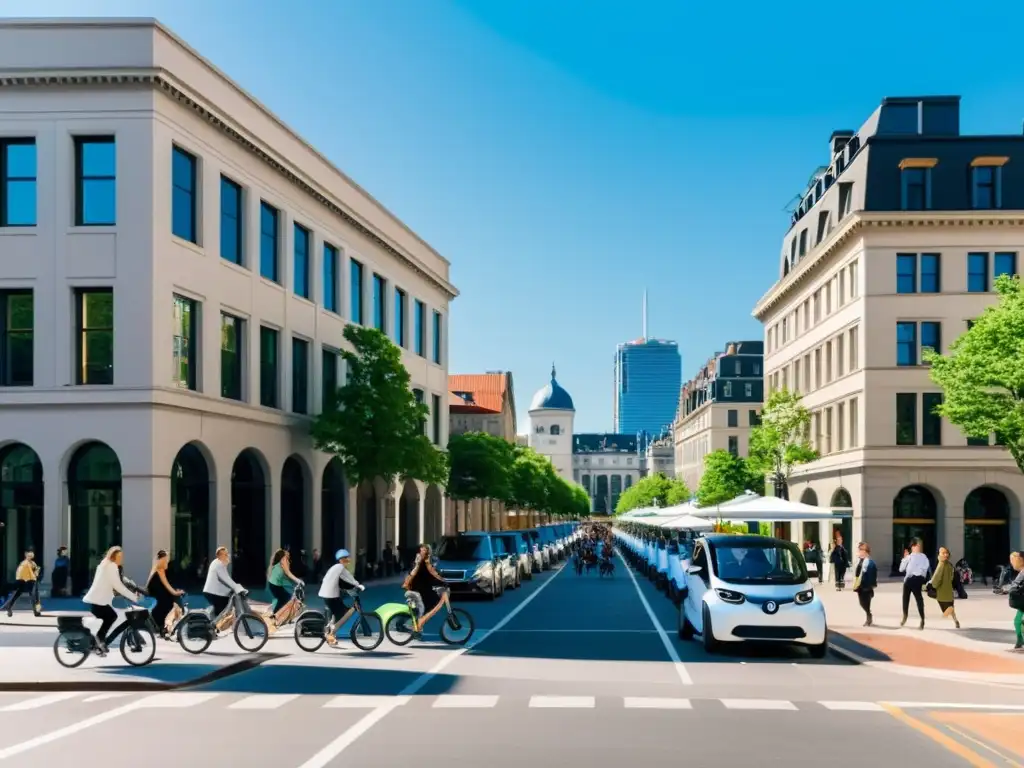 Una bulliciosa calle de la ciudad llena de gente caminando y en bicicleta, con vehículos de carsharing eléctricos alineados en la acera