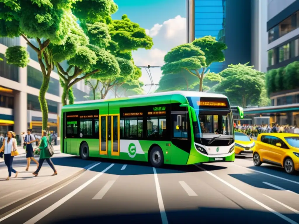 Una bulliciosa calle de la ciudad llena de autobuses y tranvías eléctricos, rodeada de vegetación y peatones