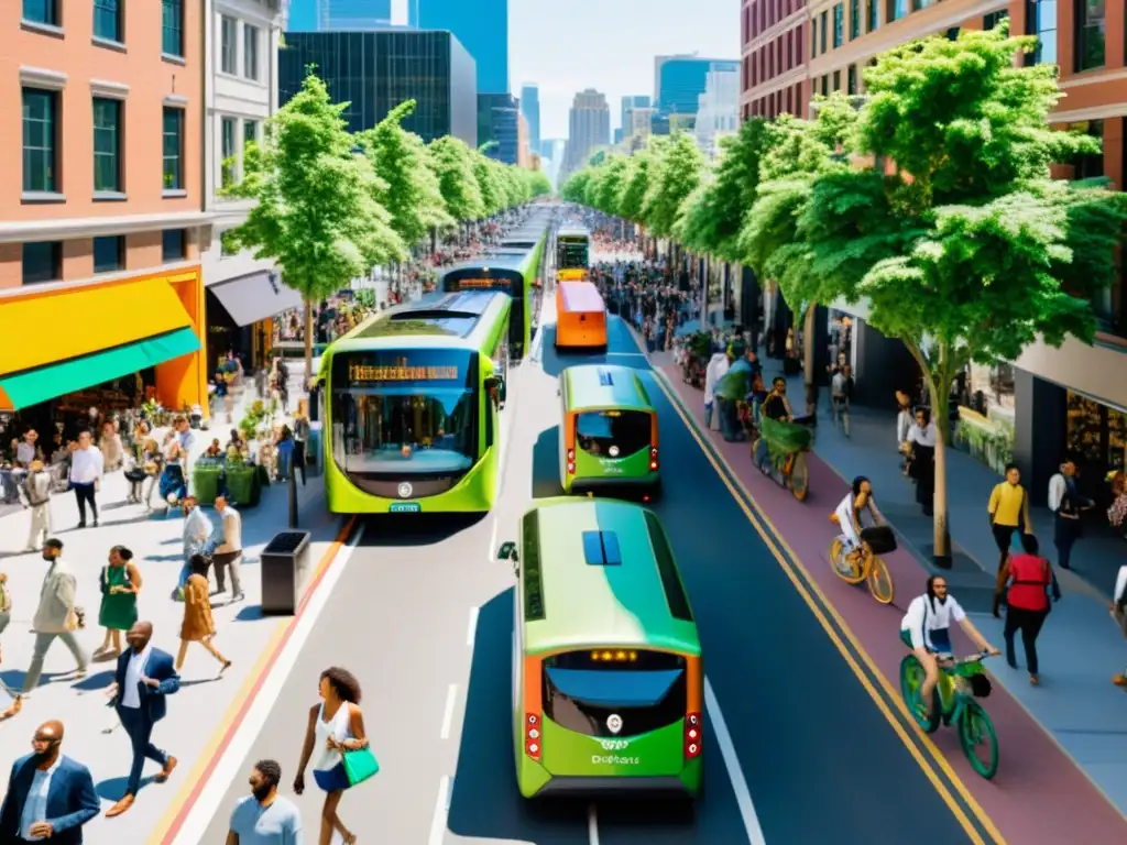 Una bulliciosa calle de la ciudad llena de gente caminando, en bicicleta y usando diferentes formas de transporte público, con autobuses coloridos y ecológicos y coches eléctricos abriéndose paso entre la multitud