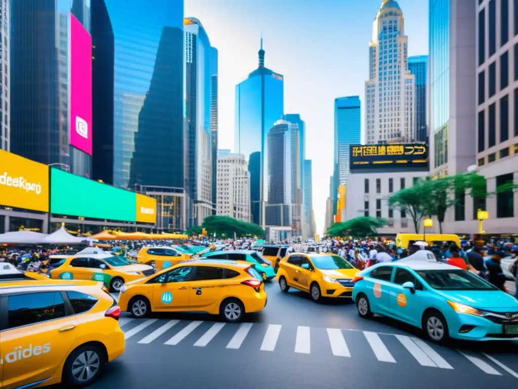 Una bulliciosa calle de la ciudad llena de coloridos vehículos de ridesharing, rodeados de personas diversas