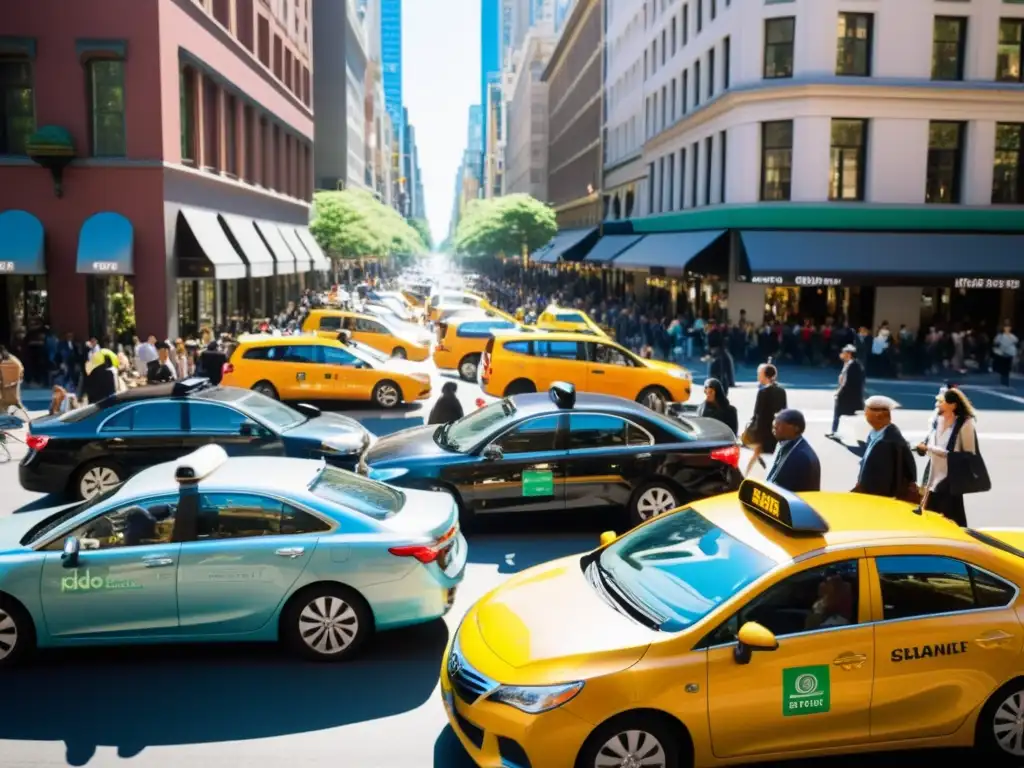 Una bulliciosa calle de la ciudad llena de gente usando servicios de transporte compartido, taxis tradicionales y bicicletas