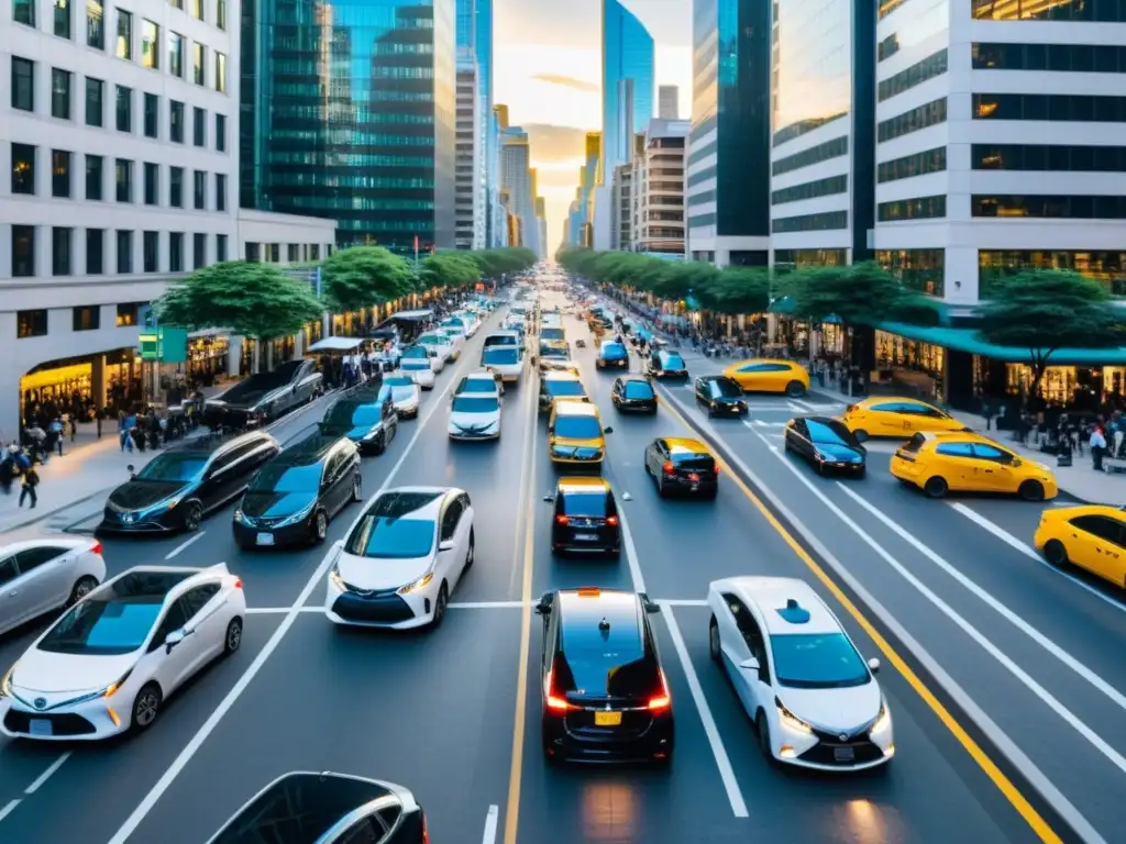 Una bulliciosa calle de la ciudad llena de vehículos de transporte, incluyendo taxis, coches privados y scooters eléctricos, mostrando el desarrollo de medios de transporte innovadores y la energía vibrante de la vida urbana