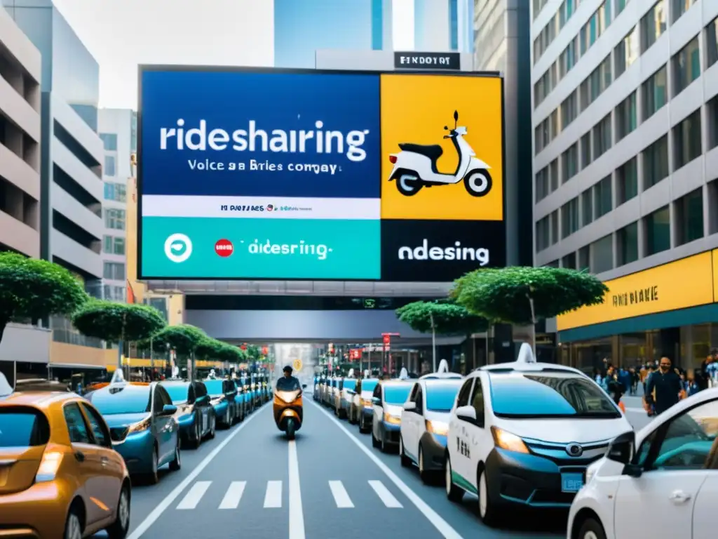 Una bulliciosa calle de la ciudad llena de vehículos de ride sharing, mostrando la complejidad de la seguridad y privacidad en este servicio