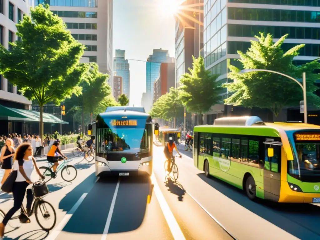 Una bulliciosa calle de la ciudad llena de peatones, ciclistas y autobuses eléctricos, rodeados de vegetación y una infraestructura urbana sostenible