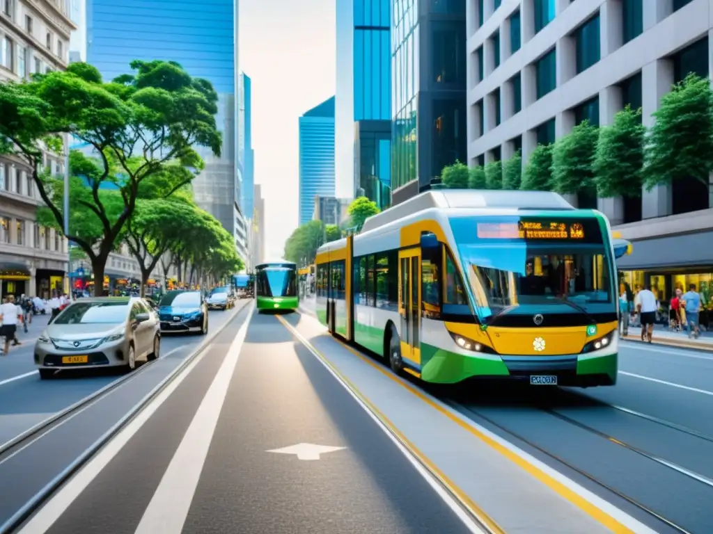 Una bulliciosa calle de la ciudad llena de una diversa variedad de vehículos de transporte público, como autobuses, tranvías, bicicletas y peatones