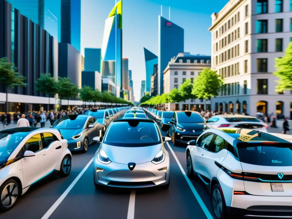 Una bulliciosa calle de la ciudad llena de coches eléctricos zumbando, con estaciones de carga visibles y peatones observando con curiosidad