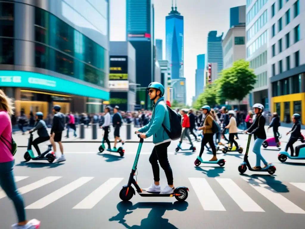 Una bulliciosa calle de la ciudad llena de personas usando patinetes eléctricos y skates, capturando la evolución del transporte personal