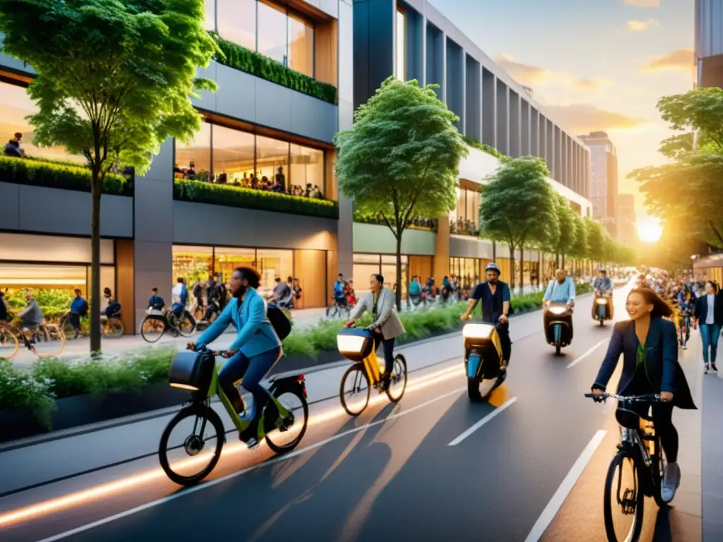 Vitalidad urbana: Movilidad sostenible y arquitectura moderna al atardecer Una bulliciosa calle de la ciudad llena de peatones, ciclistas y vehículos eléctricos en armonía, en un espacio urbano bien diseñado y verde
