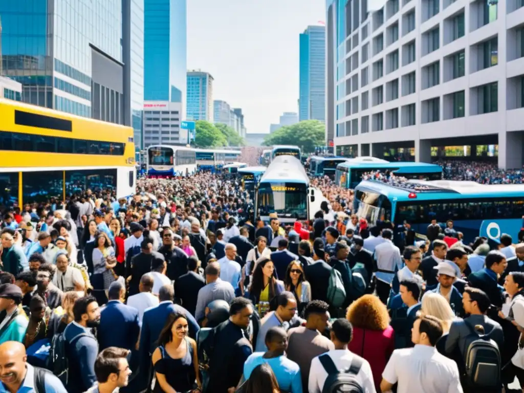 Una bulliciosa calle de la ciudad llena de multitudes, autobuses y transporte público, con asistentes dirigiéndose a un gran evento