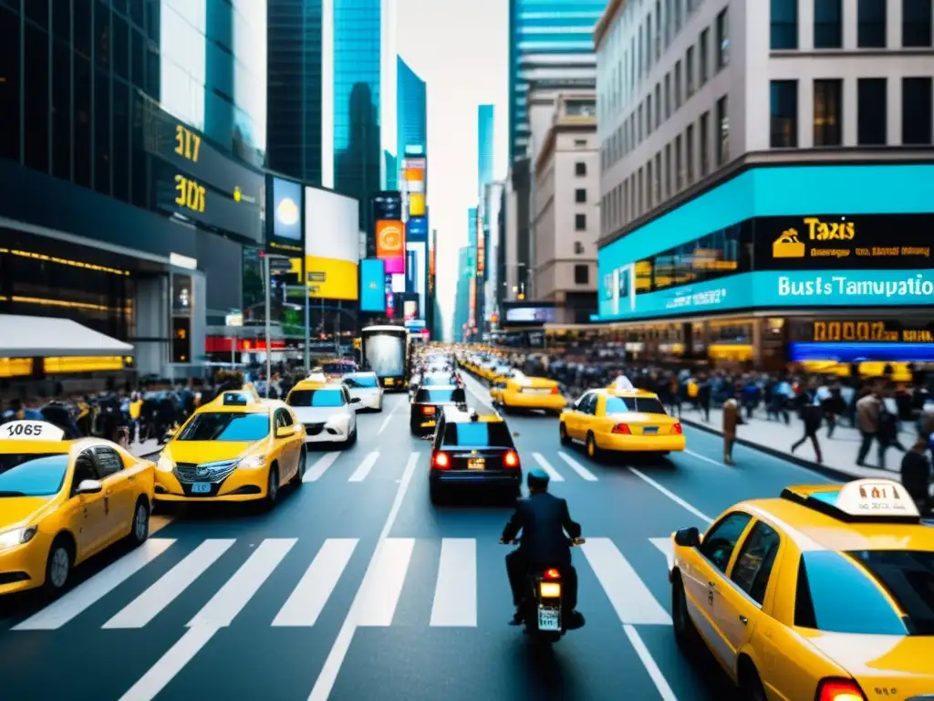 Una bulliciosa calle de la ciudad muestra la evolución de los medios de transporte, desde los tradicionales hasta los servicios de viaje modernos