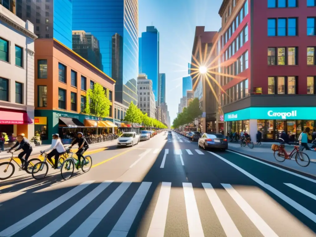 Una bulliciosa calle de la ciudad con movimiento caótico, reflejando la revolución del carpooling digital sostenible en un entorno urbano vibrante