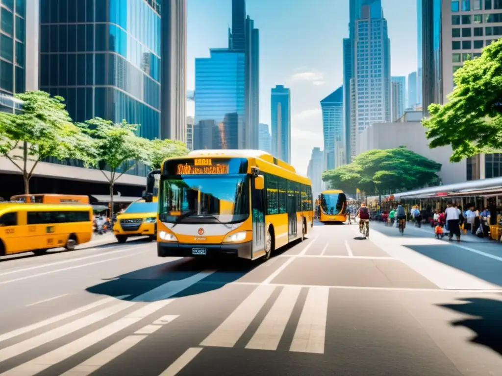 Una bulliciosa calle de la ciudad con diversas opciones de transporte público, como autobuses, bicicletas y peatones, frente a modernos rascacielos