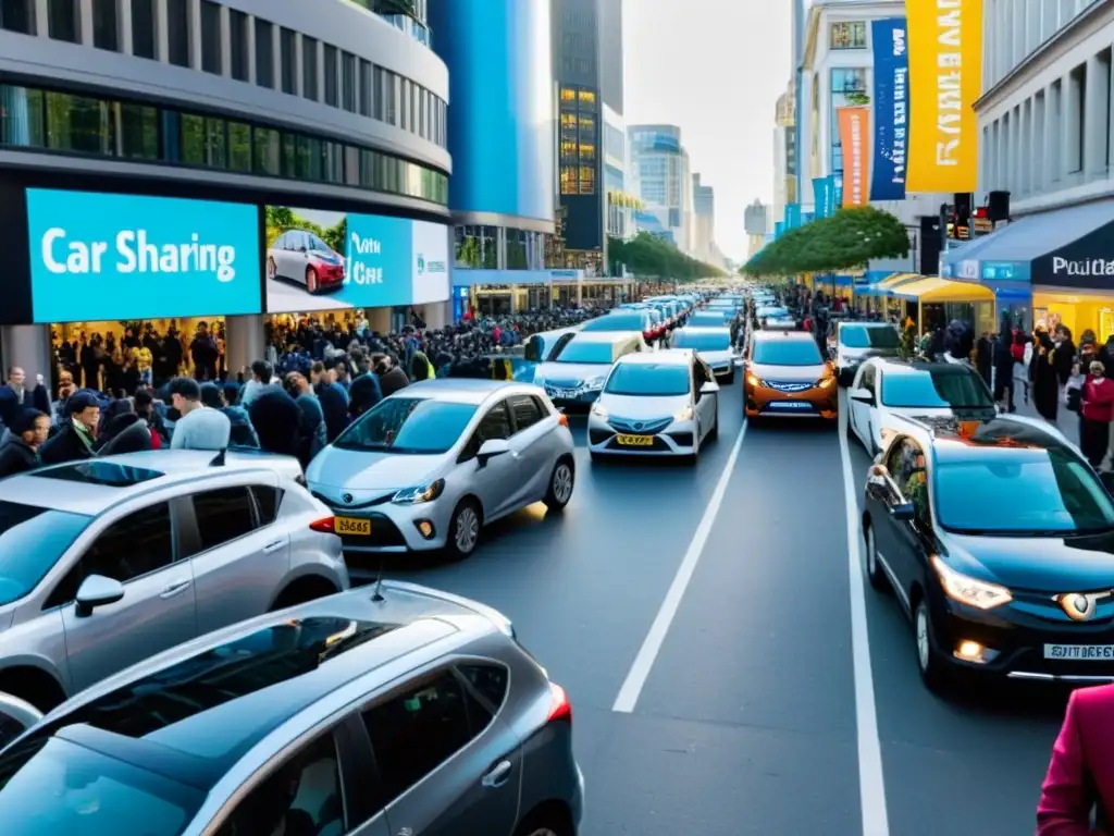 Una bulliciosa calle de la ciudad con personas desbloqueando autos compartidos