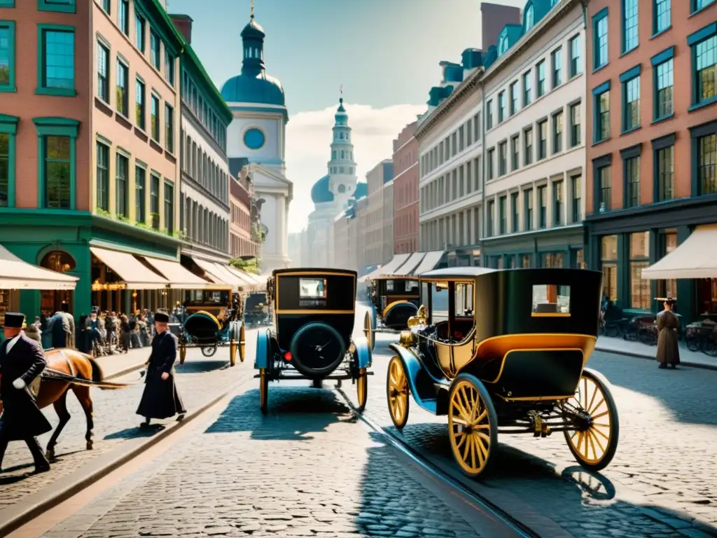 Una bulliciosa calle de la ciudad del siglo XIX con carruajes y prototipos de automóviles, mostrando la evolución del transporte urbano