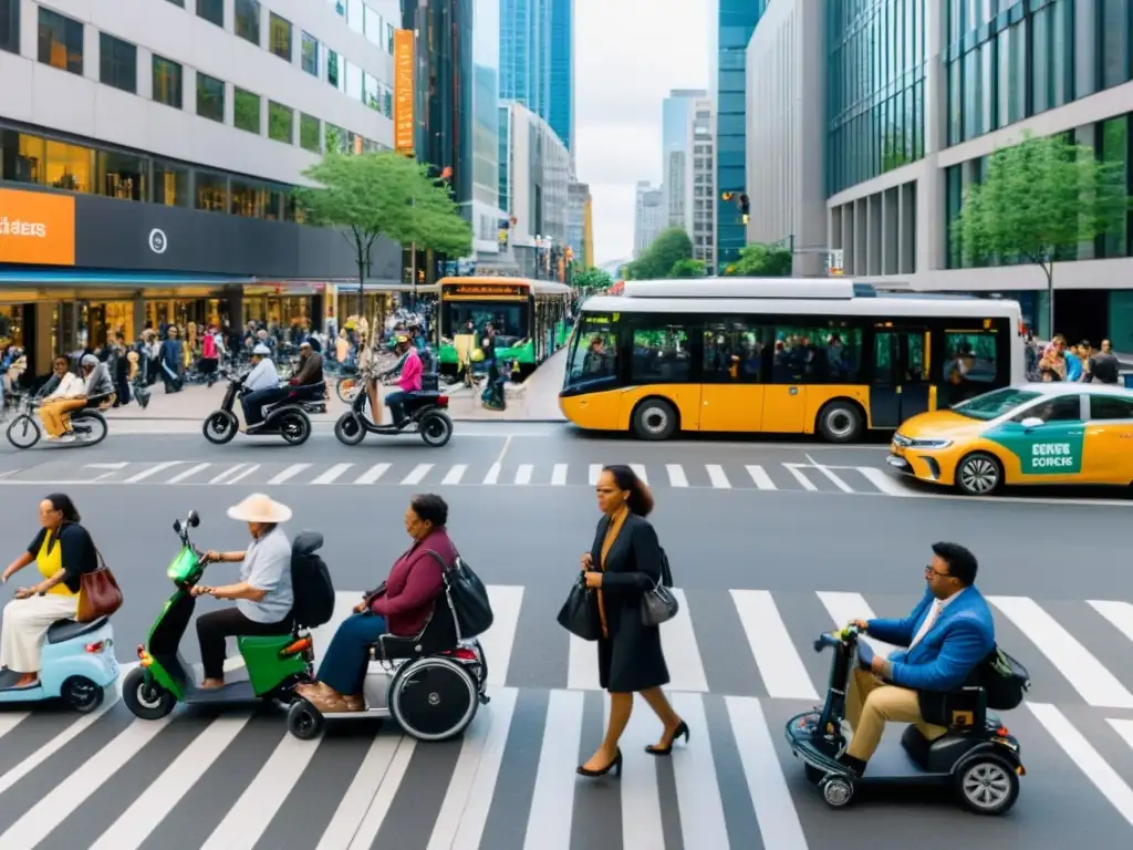 Una bulliciosa calle de la ciudad con soluciones de transporte inclusivo, mostrando diversidad y vitalidad urbana