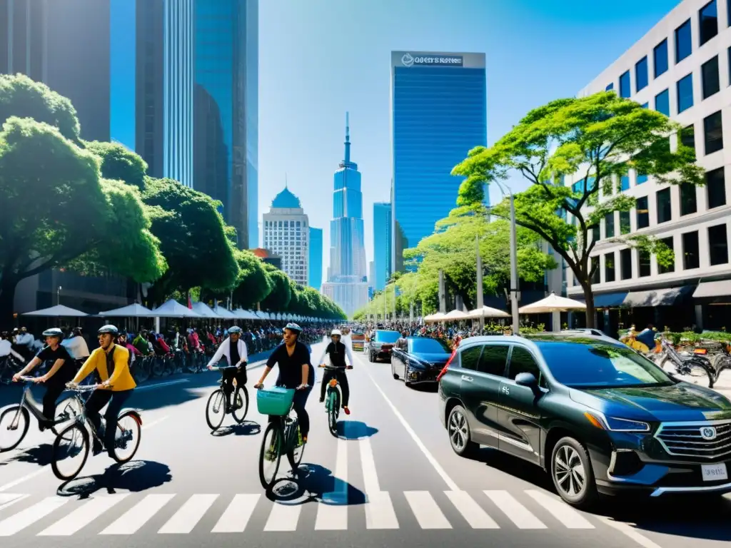 Ridesharing en la ciudad: energía urbana Una bulliciosa calle de la ciudad con tráfico, bicicletas y peatones, destaca un vehículo de ride sharing recogiendo pasajeros