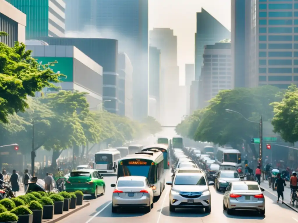 Una bulliciosa calle de la ciudad con tráfico, smog y personas usando máscaras, contrastando con espacios verdes y transporte limpio