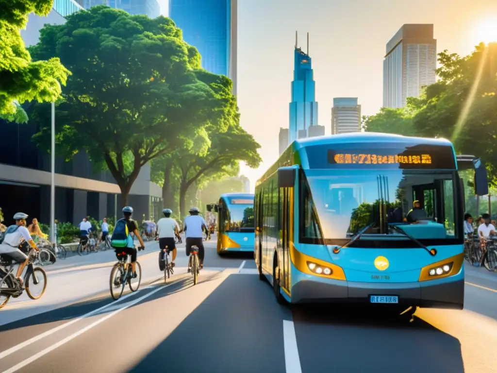 Una bulliciosa calle de la ciudad con transporte sostenible, desarrollo económico y arquitectura moderna, rodeada de árboles verdes