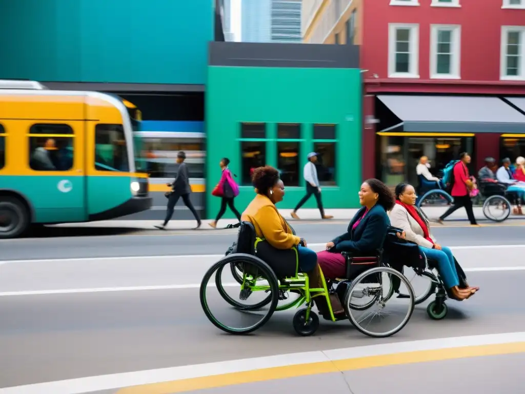 Una bulliciosa calle de la ciudad con una variedad de personas usando diferentes modos de transporte