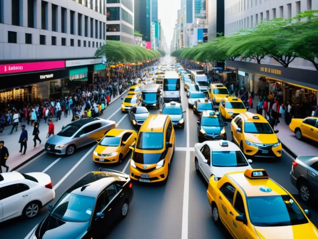 Una bulliciosa calle de la ciudad con diversos vehículos y peatones, destaca el impacto social de la economía colaborativa en el transporte