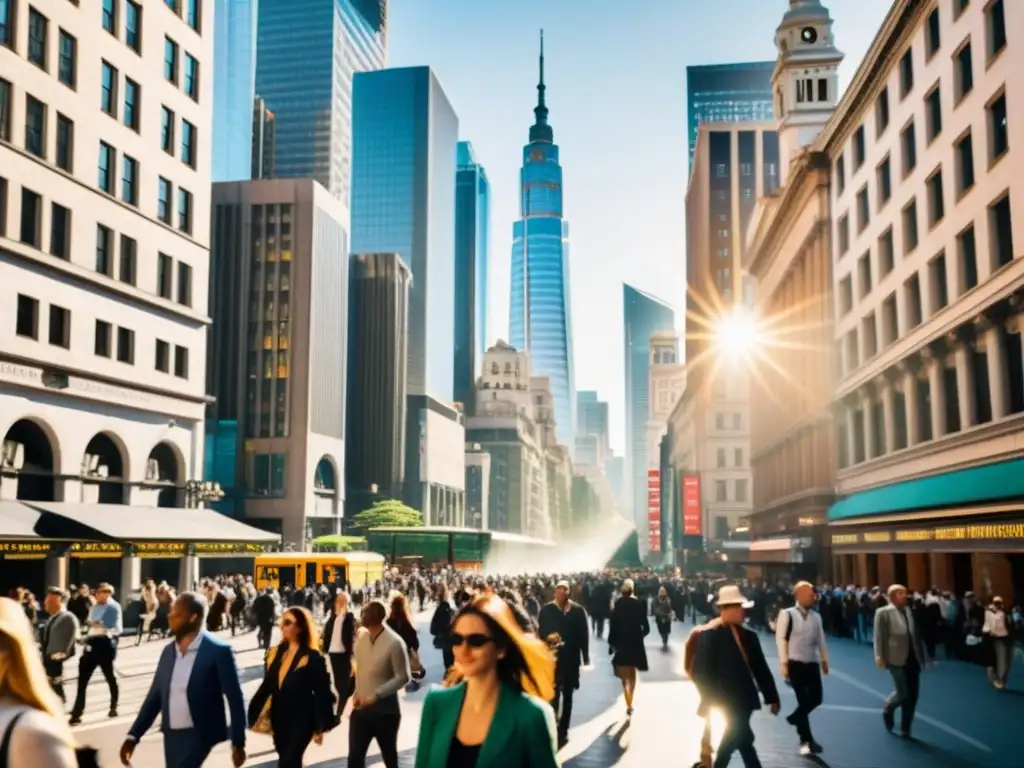 Una bulliciosa calle urbana llena de turistas y locales, con zapatos wearables para turistas urbanos