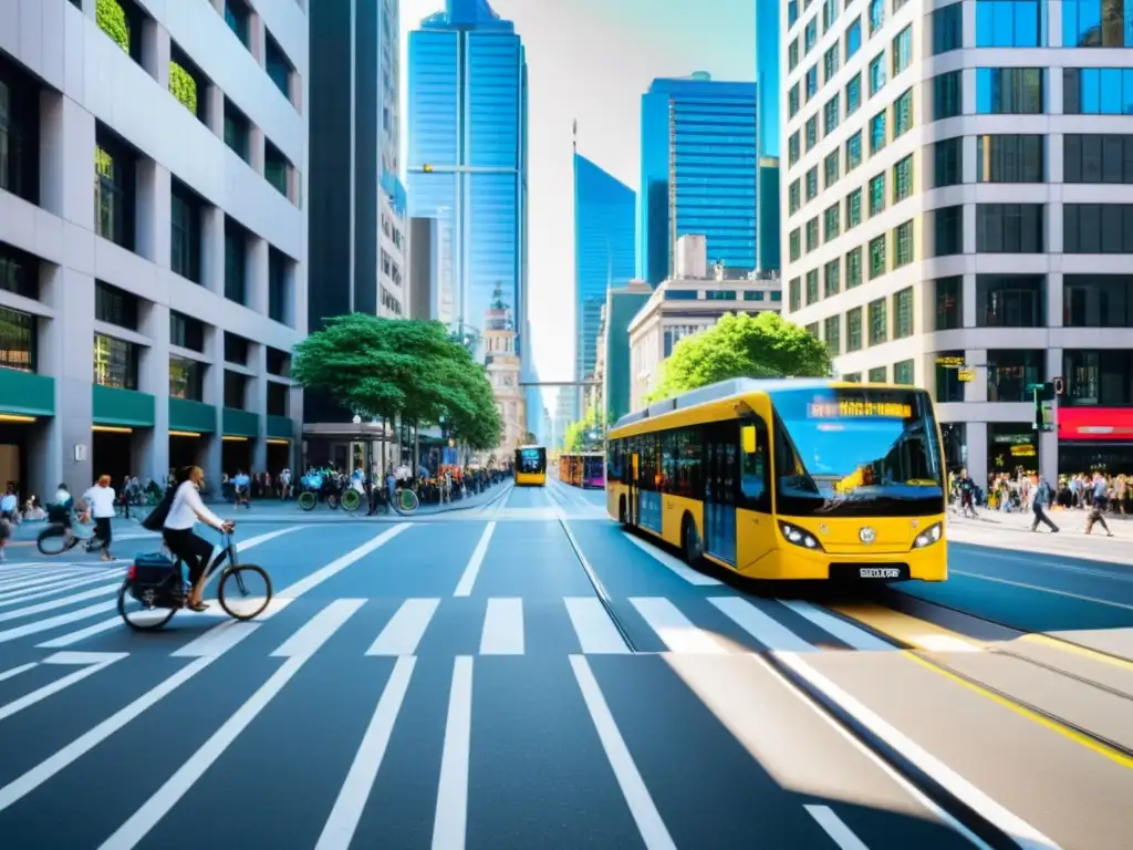 Vida urbana: transporte público en ciudad vibrante Una bulliciosa calle urbana llena de transporte público, mostrando la revolución del transporte y su impacto en la calidad de vida urbana