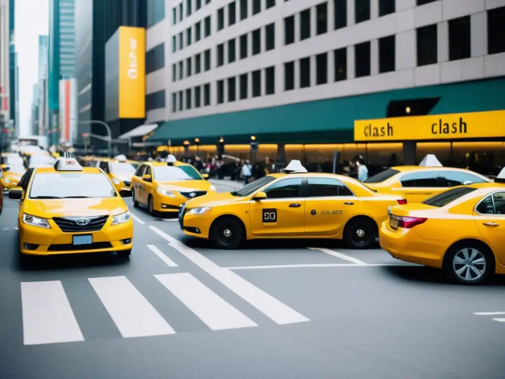 Bulliciosa calle urbana con taxis tradicionales y vehículos de economía colaborativa, destacando el impacto de las plataformas de viaje en la ciudad