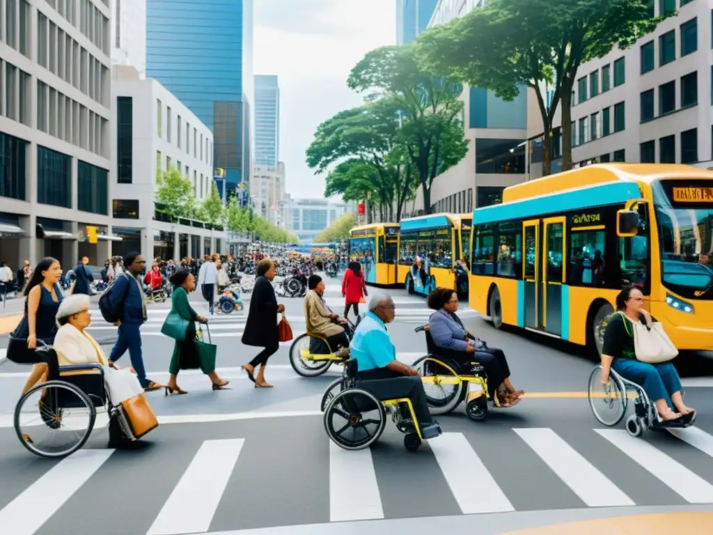 Una bulliciosa escena urbana con diversidad de personas usando transporte público, reflejando políticas de movilidad inclusiva