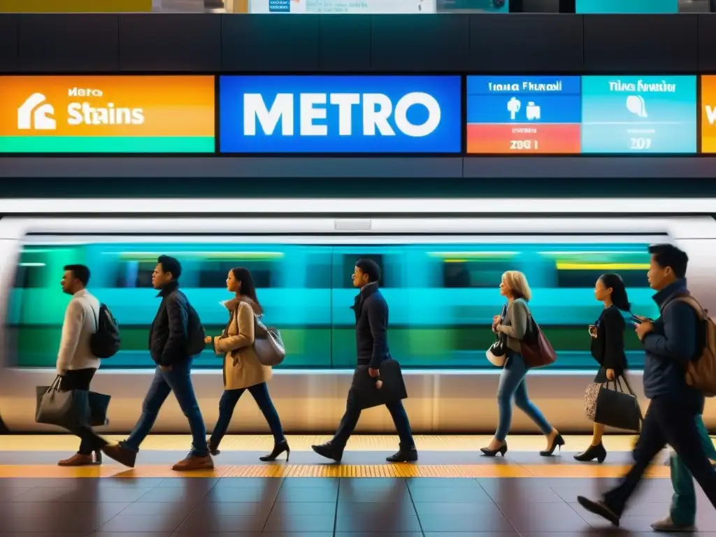 Una bulliciosa estación de metro con personas esperando trenes, anuncios coloridos y paneles digitales, reflejando la vida urbana y la integración de las redes de metro en ciudades