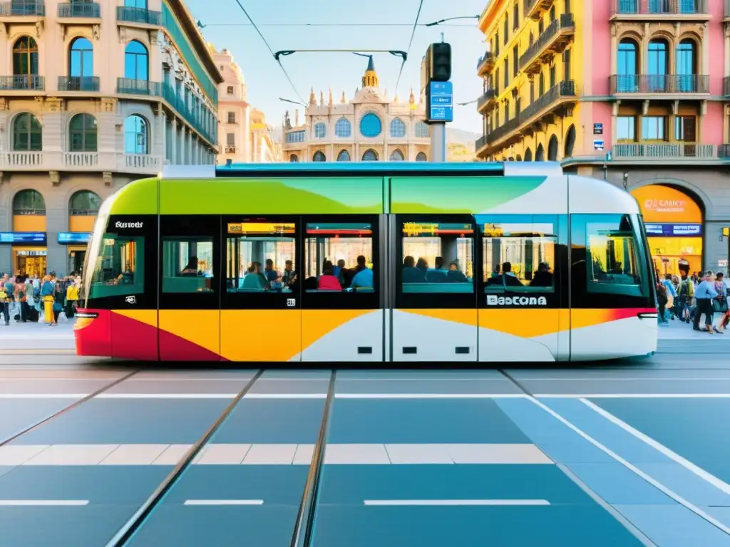 Una bulliciosa plaza en Barcelona con diversidad de personas esperando el transporte público