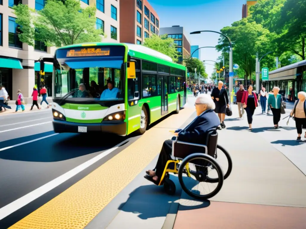 Un bullicioso y accesible proyecto de transporte público inclusivo en una animada calle de la ciudad, con diversidad de personas transitando