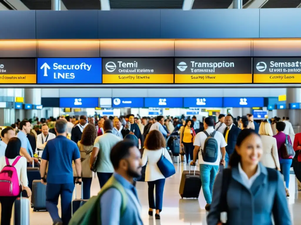 Un bullicioso aeropuerto con gente de diversas culturas en largas filas de seguridad