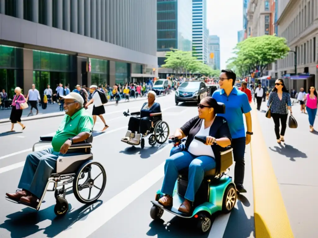 Un bullicioso ambiente urbano con transporte accesible para todos, promoviendo el desarrollo de medios de transporte accesibles