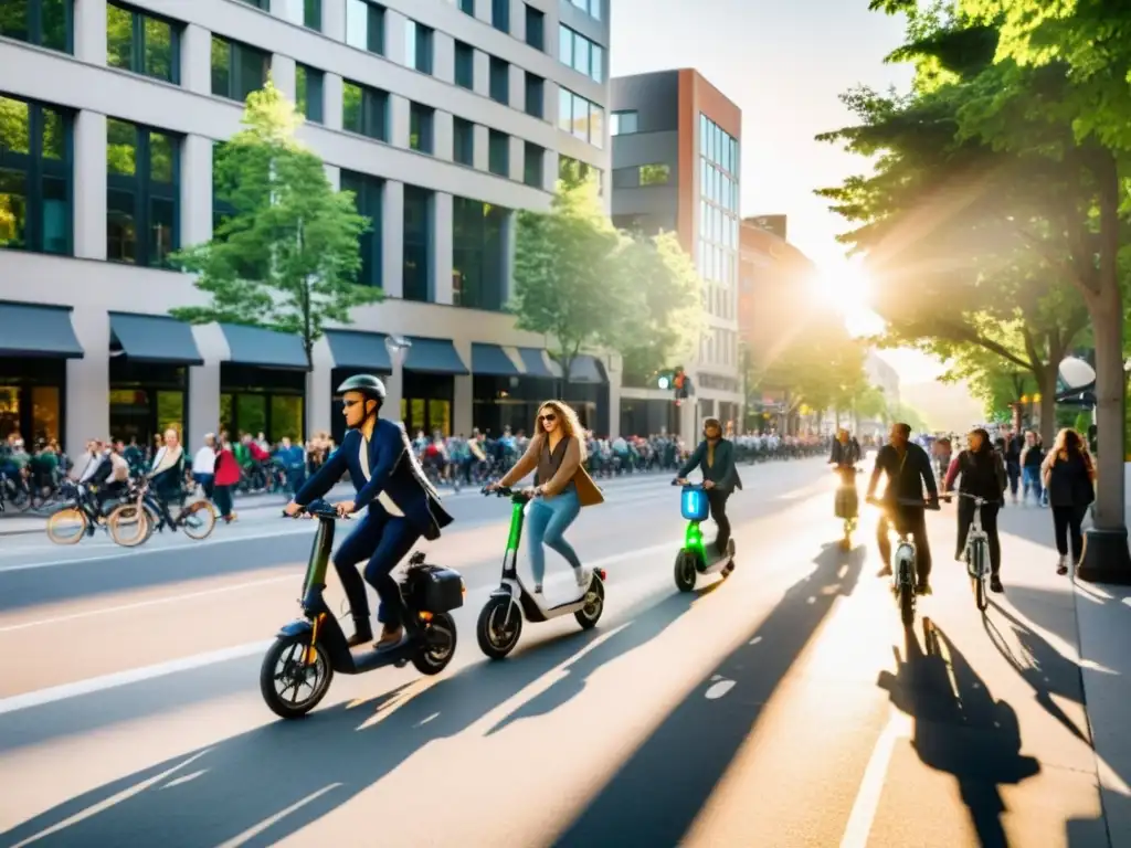 Un bullicioso bulevar urbano con ciclistas y peatones disfrutando del transporte sostenible y la salud pública al atardecer