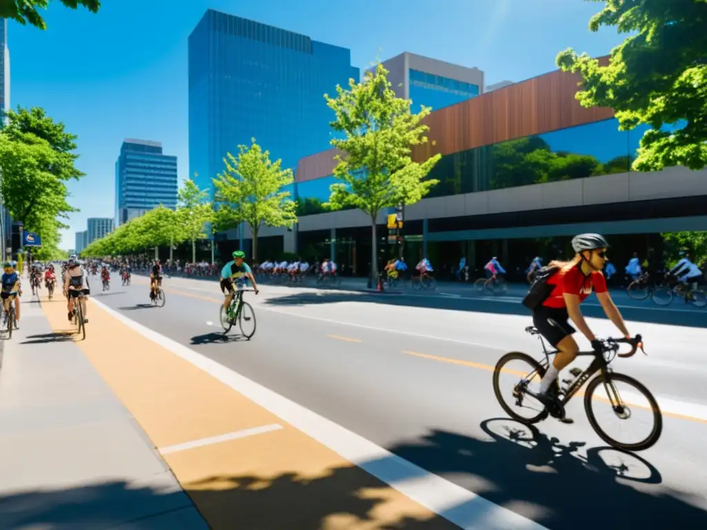 Un bullicioso carril bici en una ciudad, con ciclistas de todas las edades y edificios altos