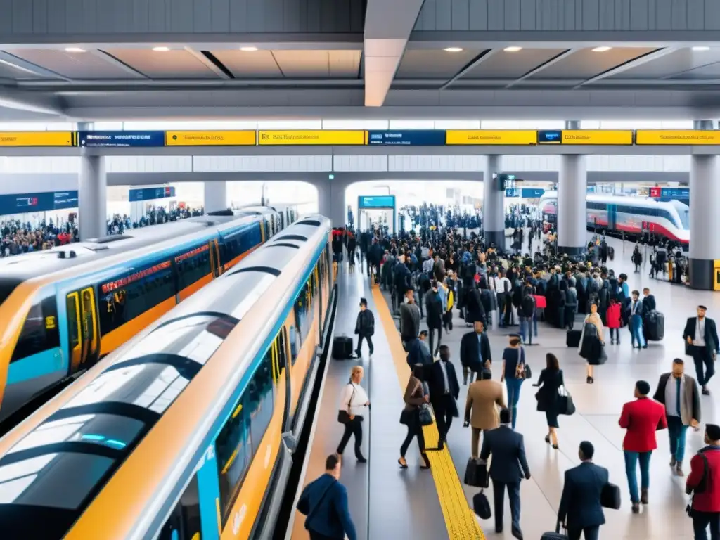 Un bullicioso centro de transporte con integración de inteligencia artificial en seguridad del transporte, mostrando actividad humana y tecnológica en armonía