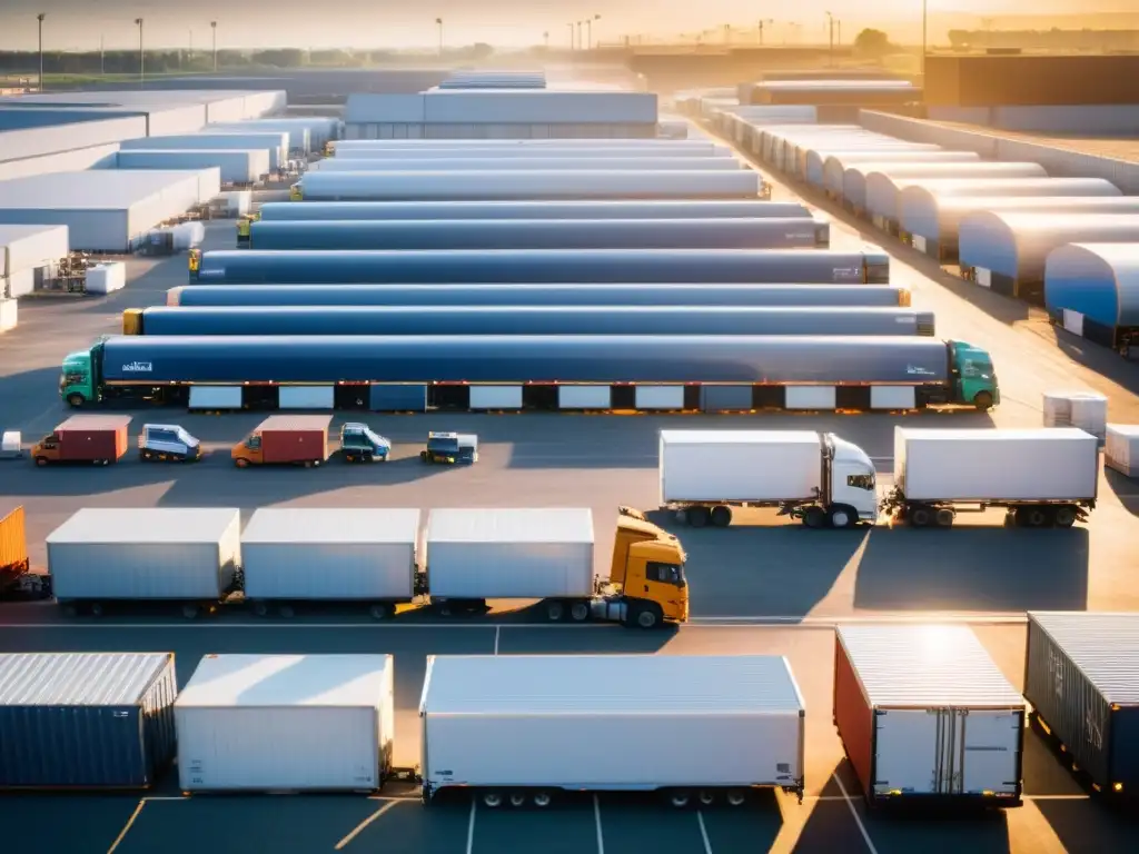 Un bullicioso centro de transporte refrigerado, con trabajadores cargando y descargando contenedores