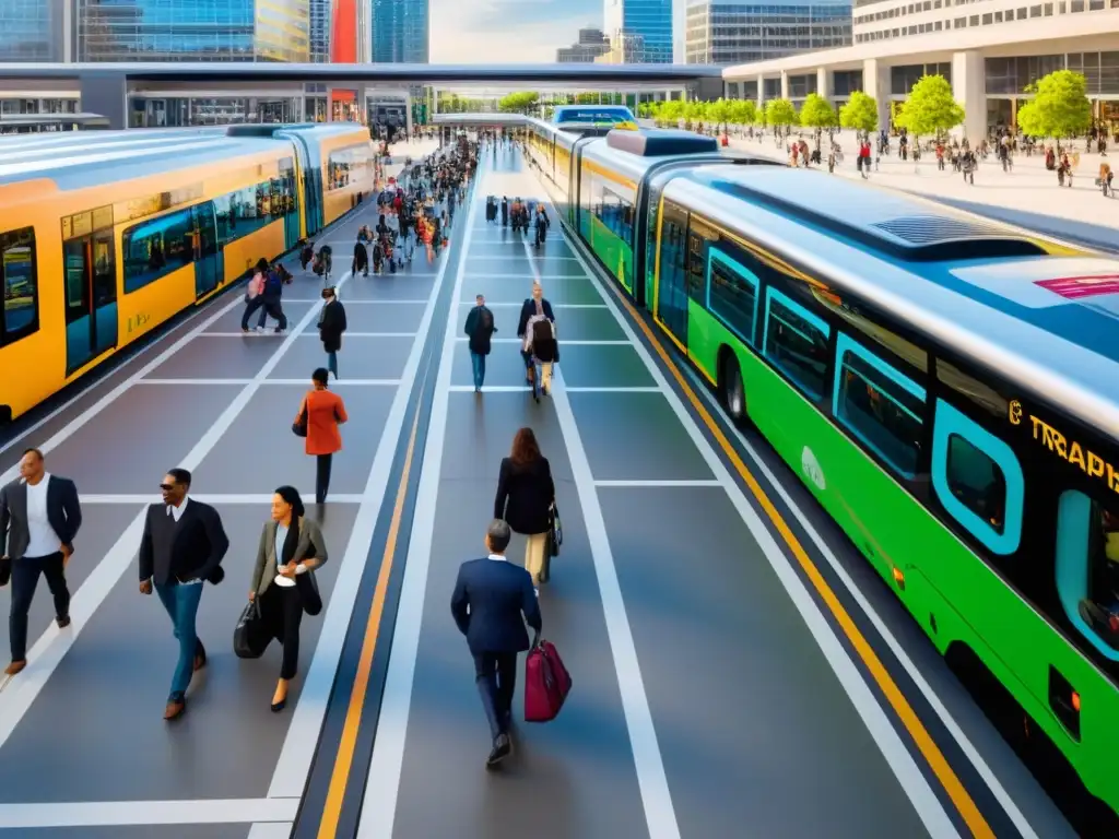 Un bullicioso centro de transporte urbano con una variedad de modos de tránsito interconectados, mostrando la intermodalidad en movilidad urbana