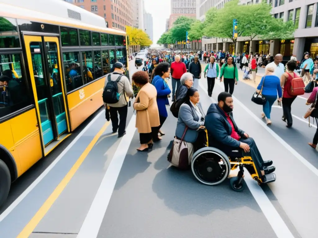 Un bullicioso día en la ciudad con transporte público inclusivo y diverso