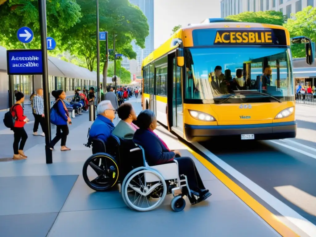 Un bullicioso entorno urbano con un autobús accesible y diversidad de pasajeros